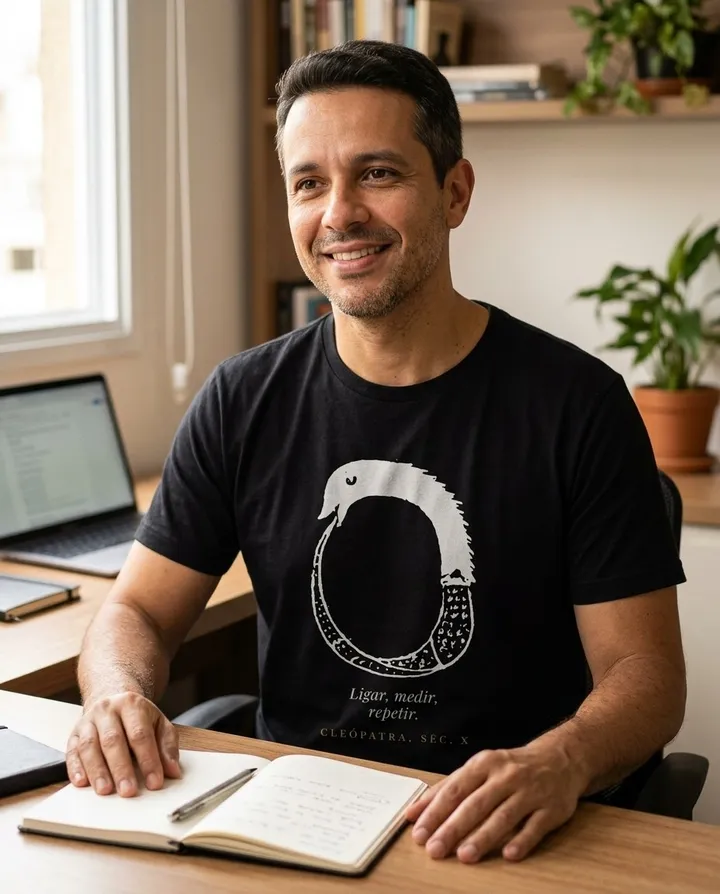 Homem vestindo a camiseta escura com a arte Ouroboros